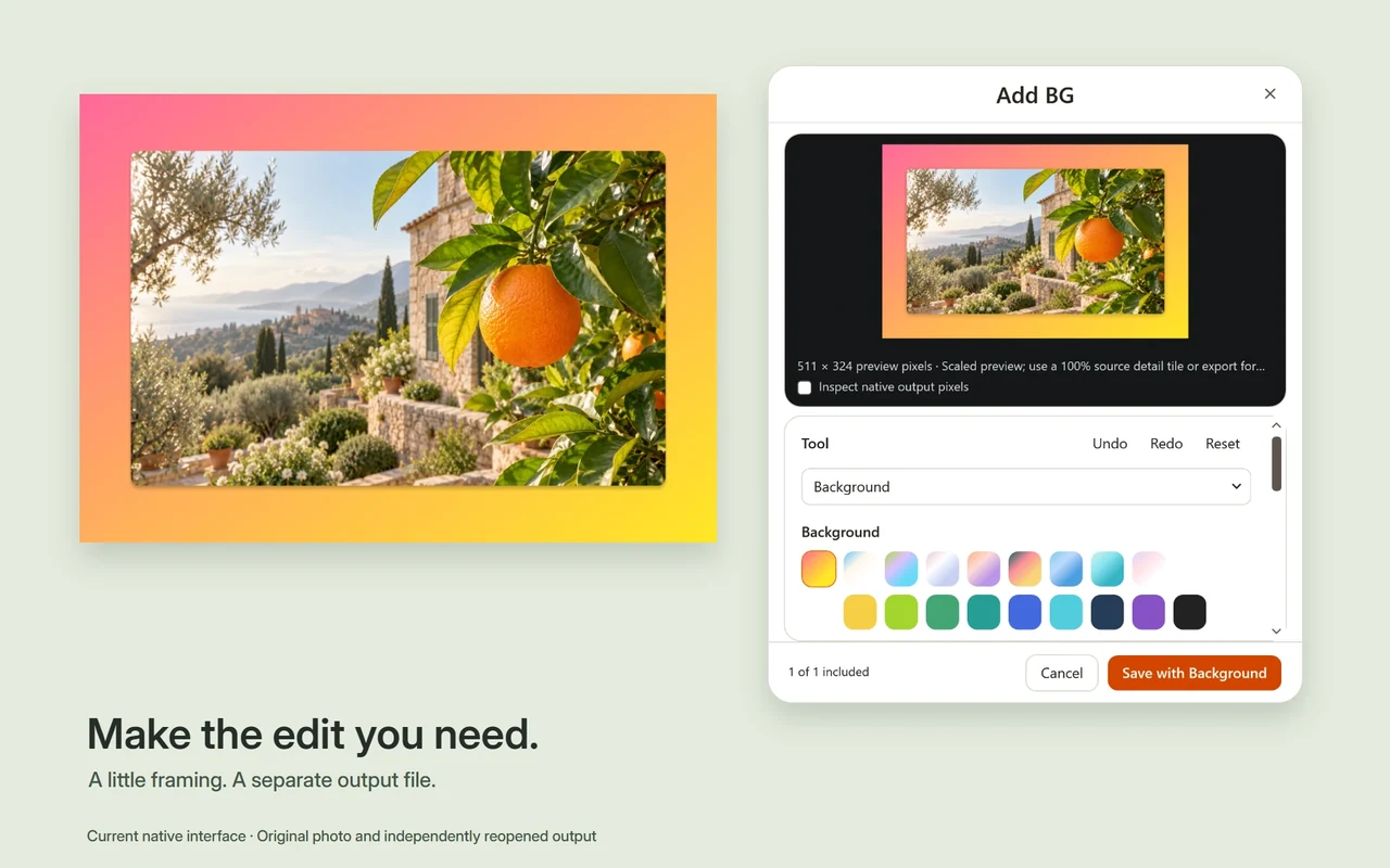 Citrus Add BG window with background choices beside a screenshot exported with a warm gradient and padding