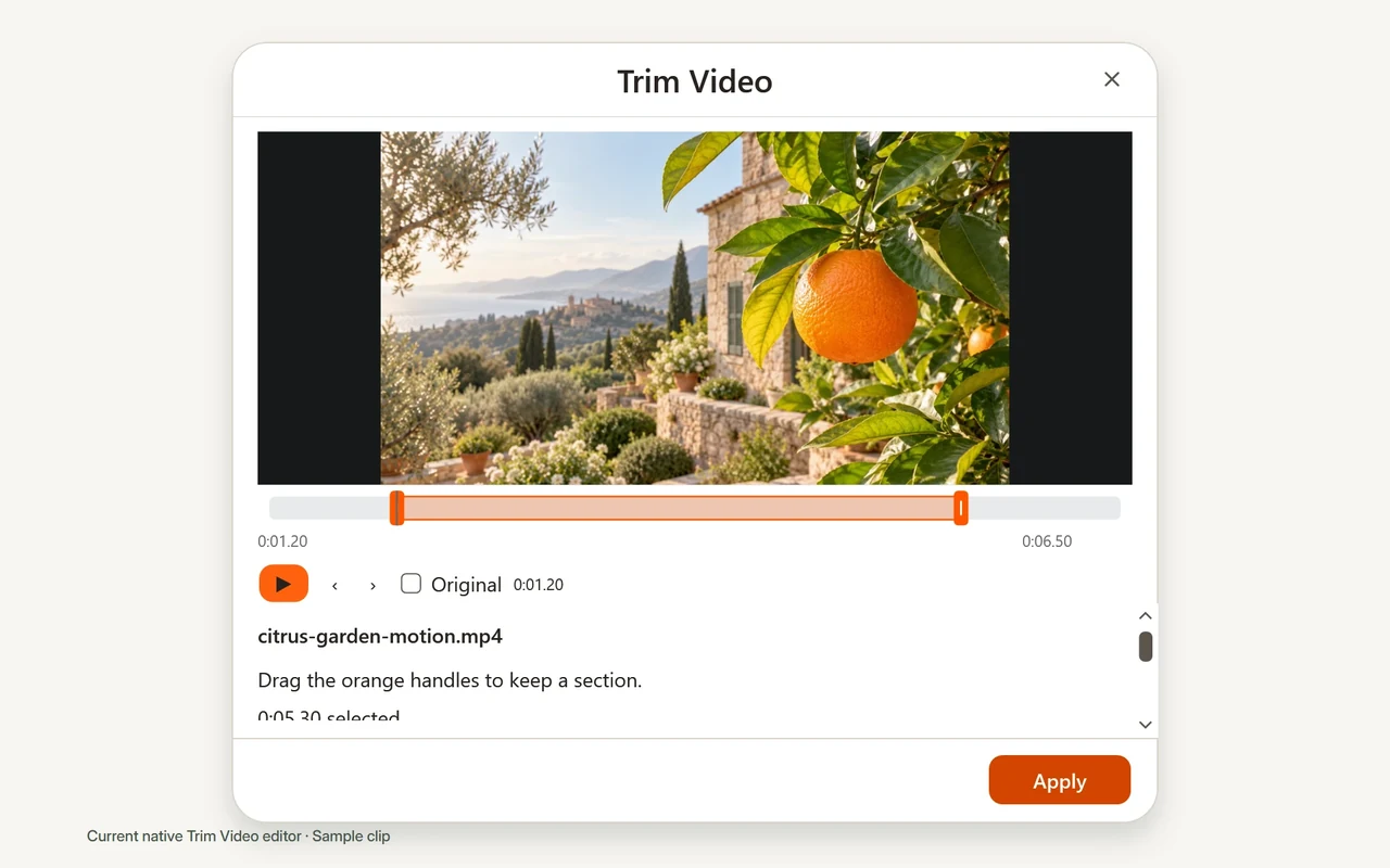 The Citrus Trim Video window with a video preview above its orange range handles